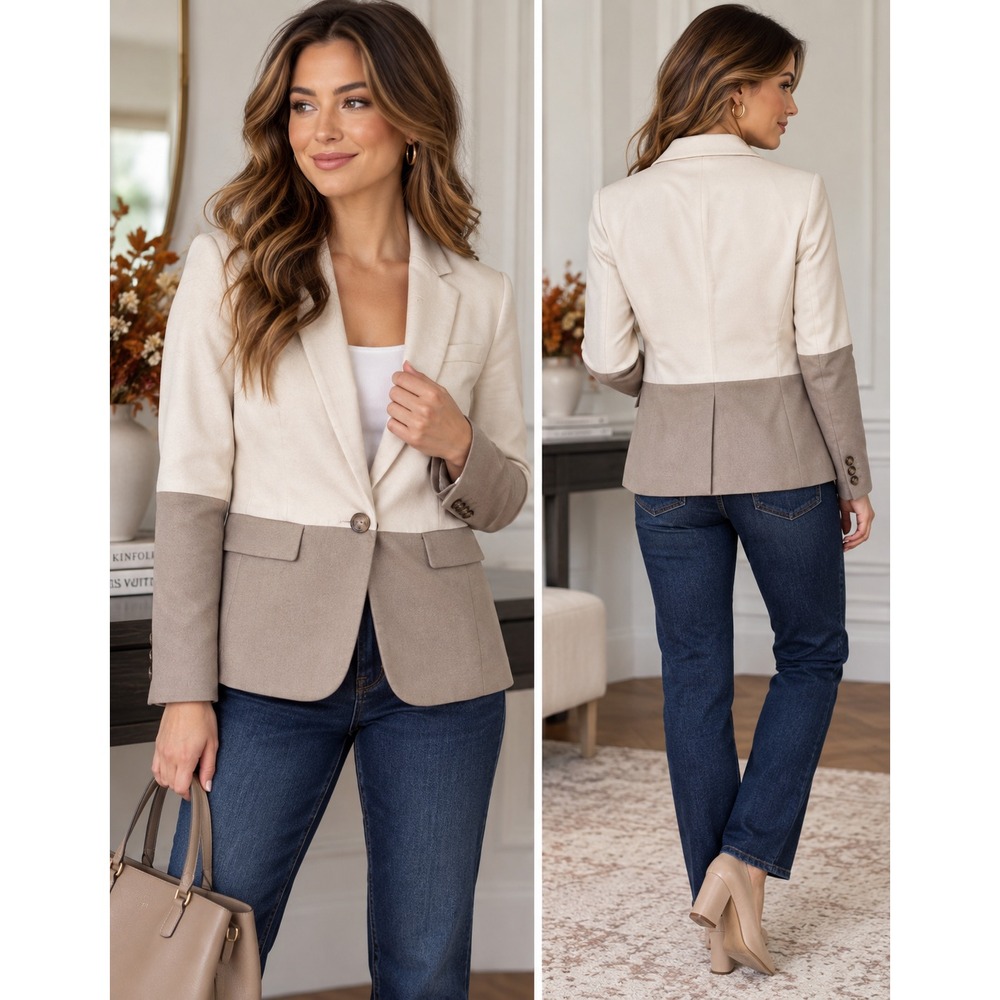 Banana Republic Womens 6 Colorblock Blazer Ivory Taupe Cotton Workwear Jacket